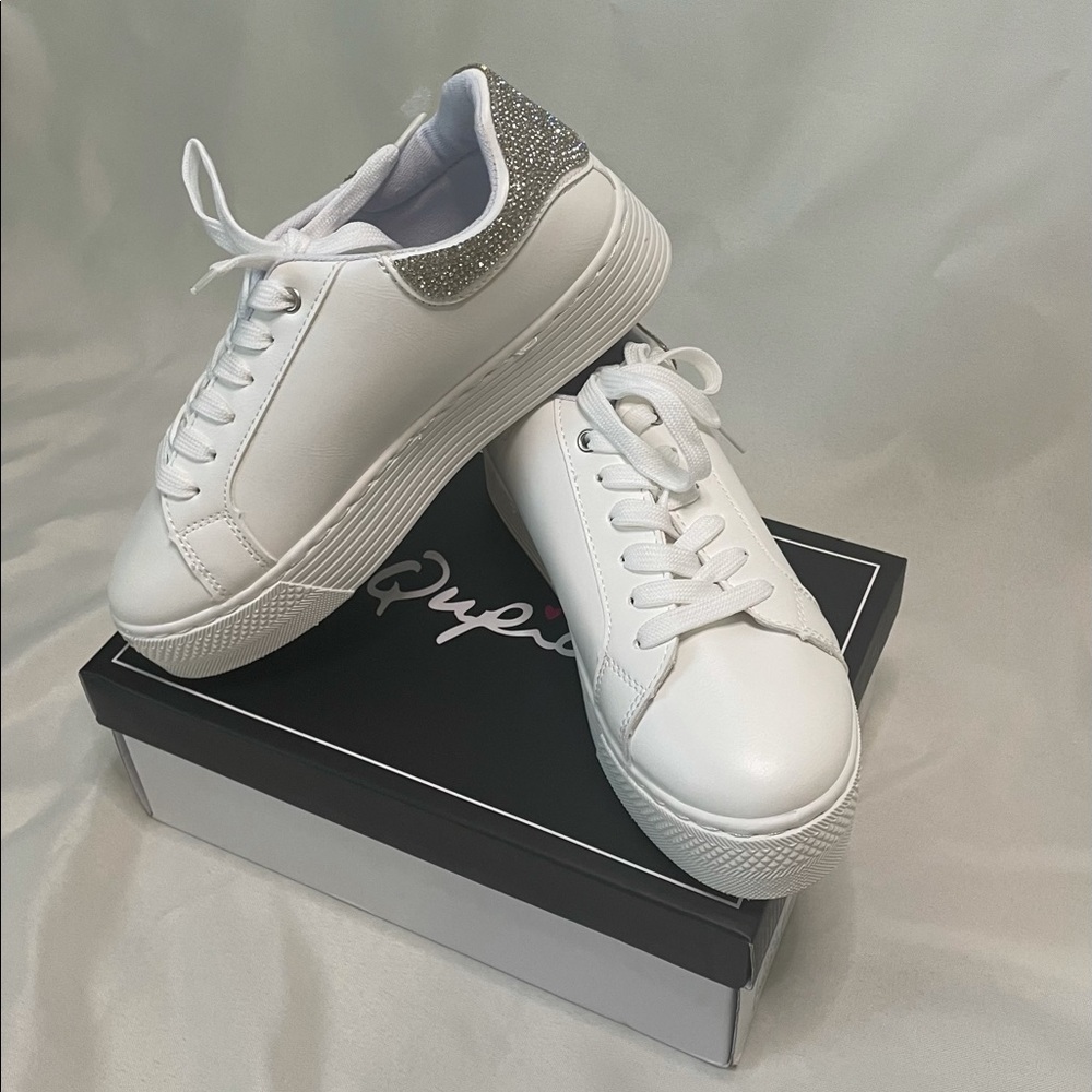 White Platform Shoes with Diamond Backing